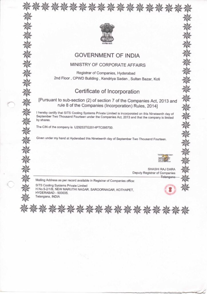 Certificates - SITS Cooling Systems